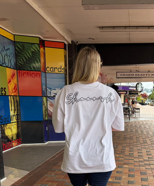 White Oversized SHOOOSH Tee – Black Logo