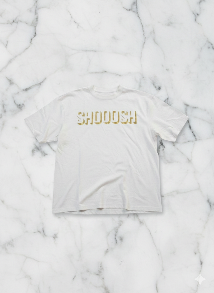 White Oversized SHOOOSH Tee – Gold Logo