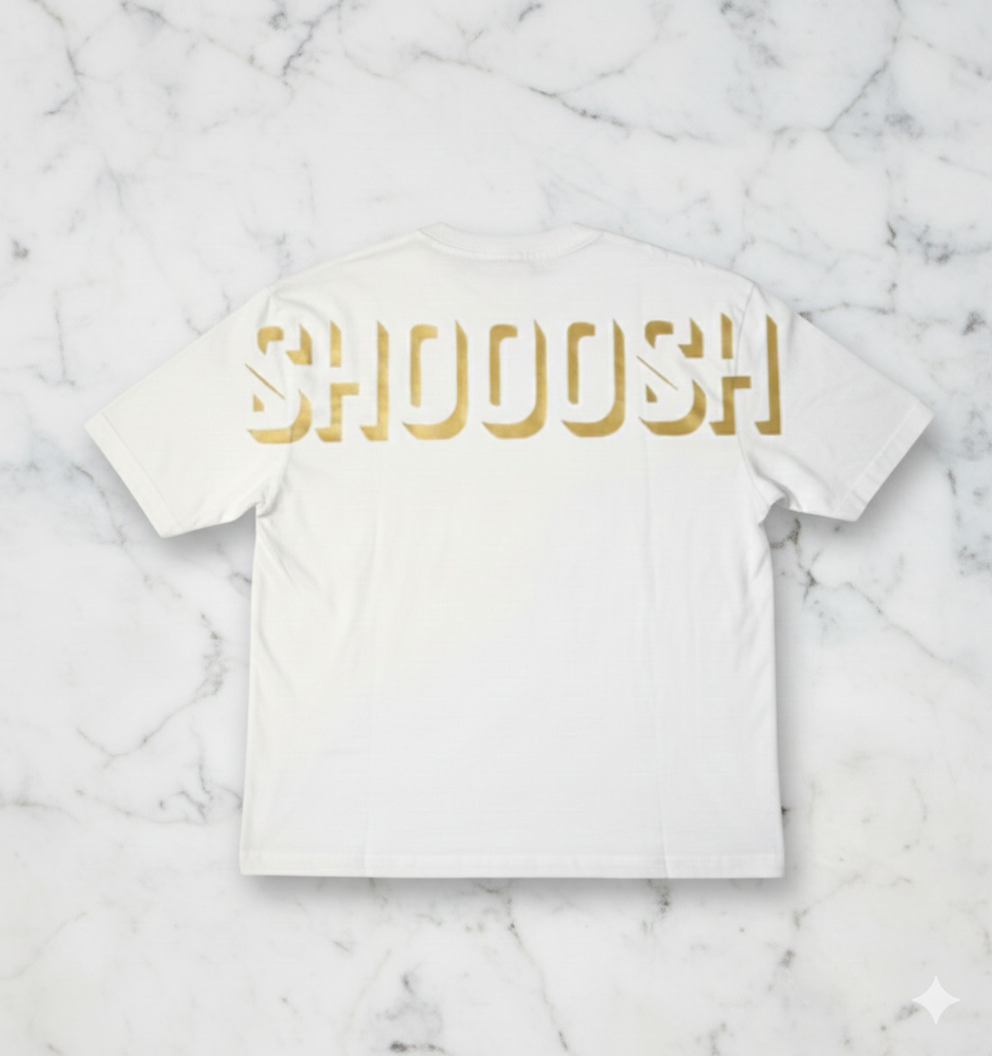 White Oversized SHOOOSH Tee – Gold Logo