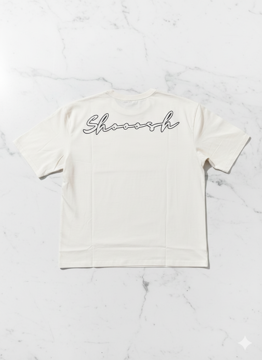 White Oversized SHOOOSH Tee – Black Logo
