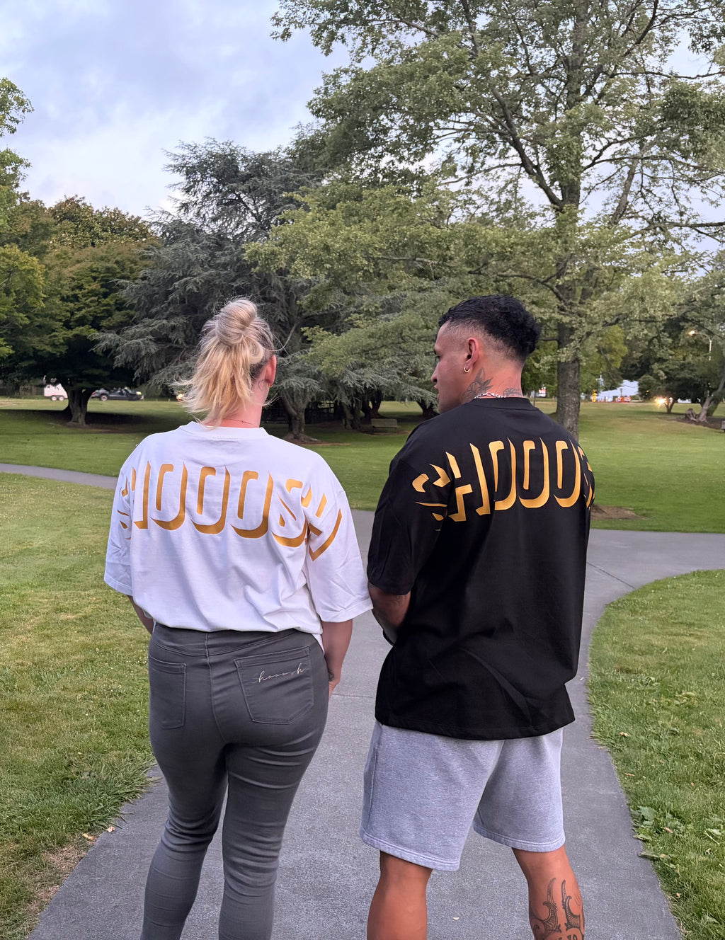 White Oversized SHOOOSH Tee – Gold Logo