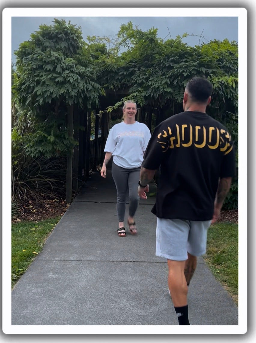 White Oversized SHOOOSH Tee – Gold Logo